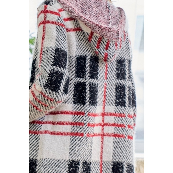 Red Ivory Fuzzy Eyelash Plaid Pattern Hooded Coatigan Cardigan Knit Sweater - Picture 4 of 4